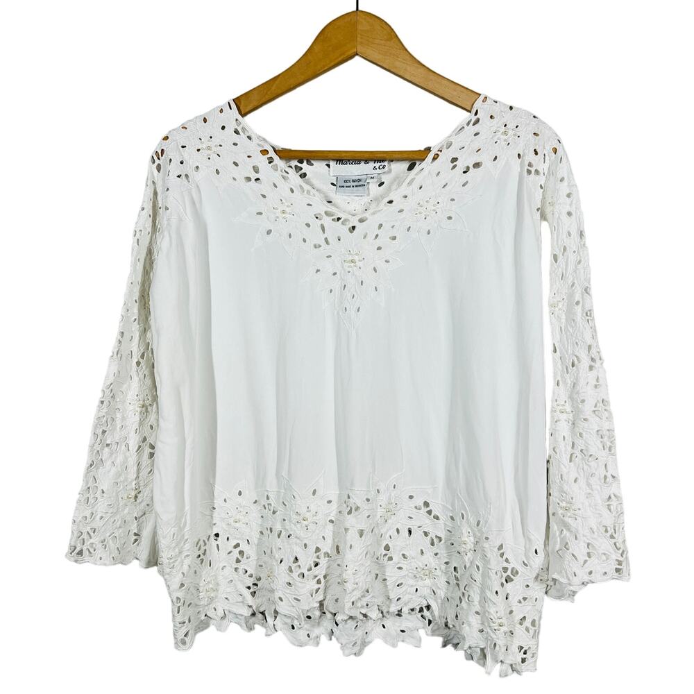 Vintage Marcia & Me Poinsettia Trim Tunic White Casual Holiday White Coastal - M